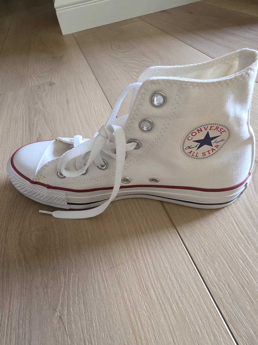 Converse White High Top Sneakers with Red and Navy Accents
